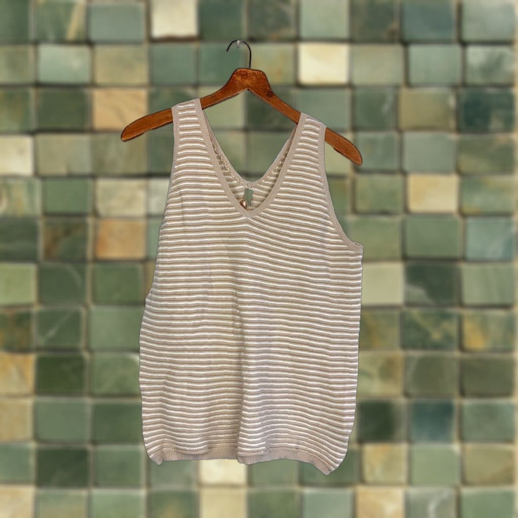Vintage Wishlist Tan White Striped Ribbed V-Neck Sleeveless Shirt Tank Top Beige Large Women Cotton Tank Size L / US 10 / IT 46 - 1 Thumbnail