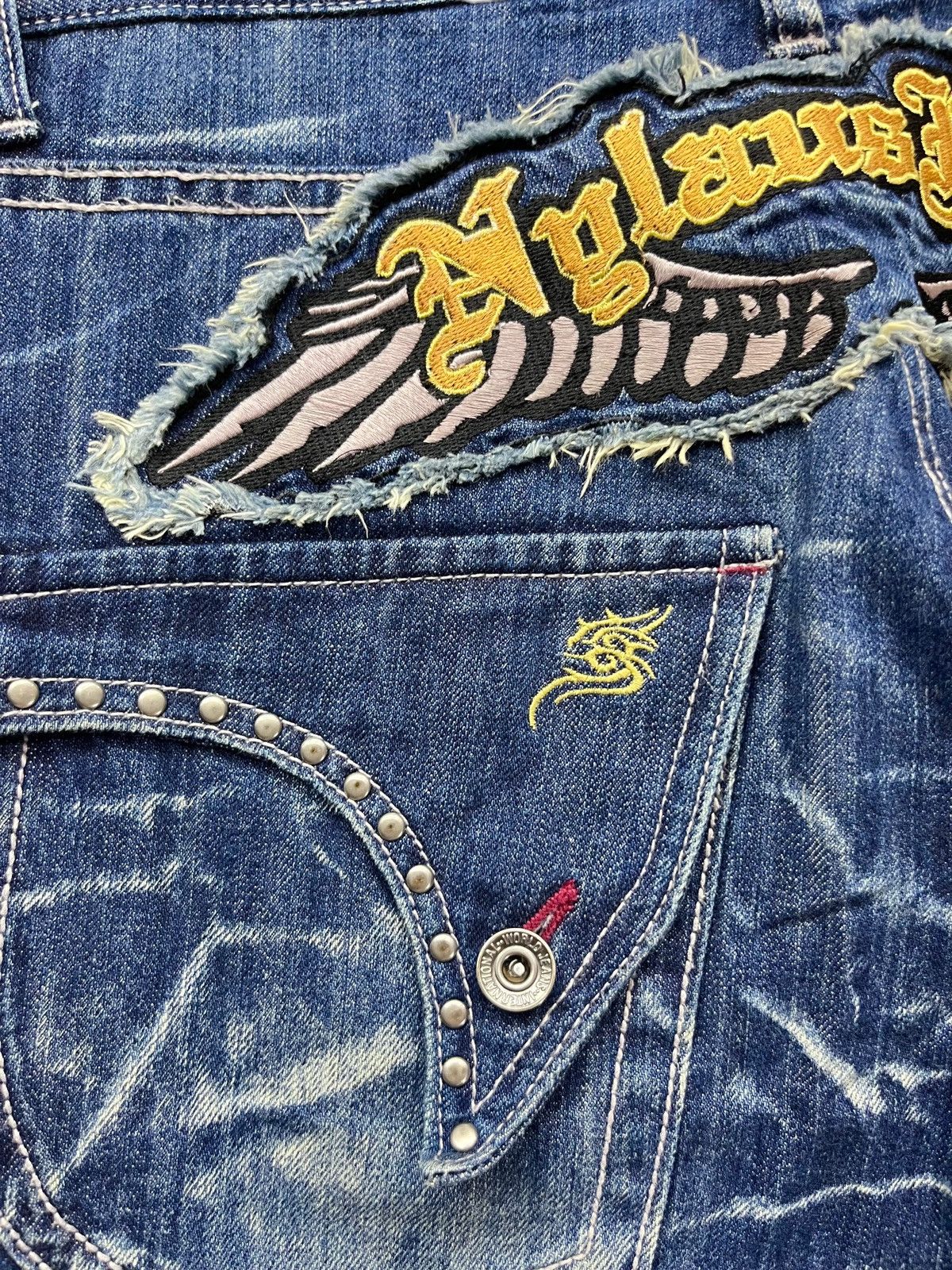 Japanese Brand 🔥Vtg NYLAUS Punk Long Flap Studded Embroidery Winged Flare Size US 31 - 11 Thumbnail