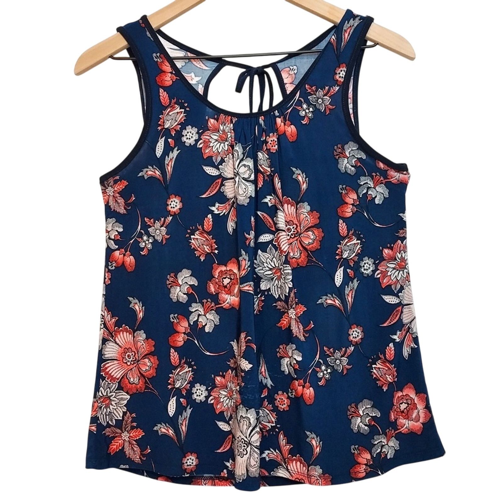 Other Lavish Blue Multicolor Floral Key Hole Tie Back Tank Top Size S / US 4 / IT 40 - 1 Thumbnail
