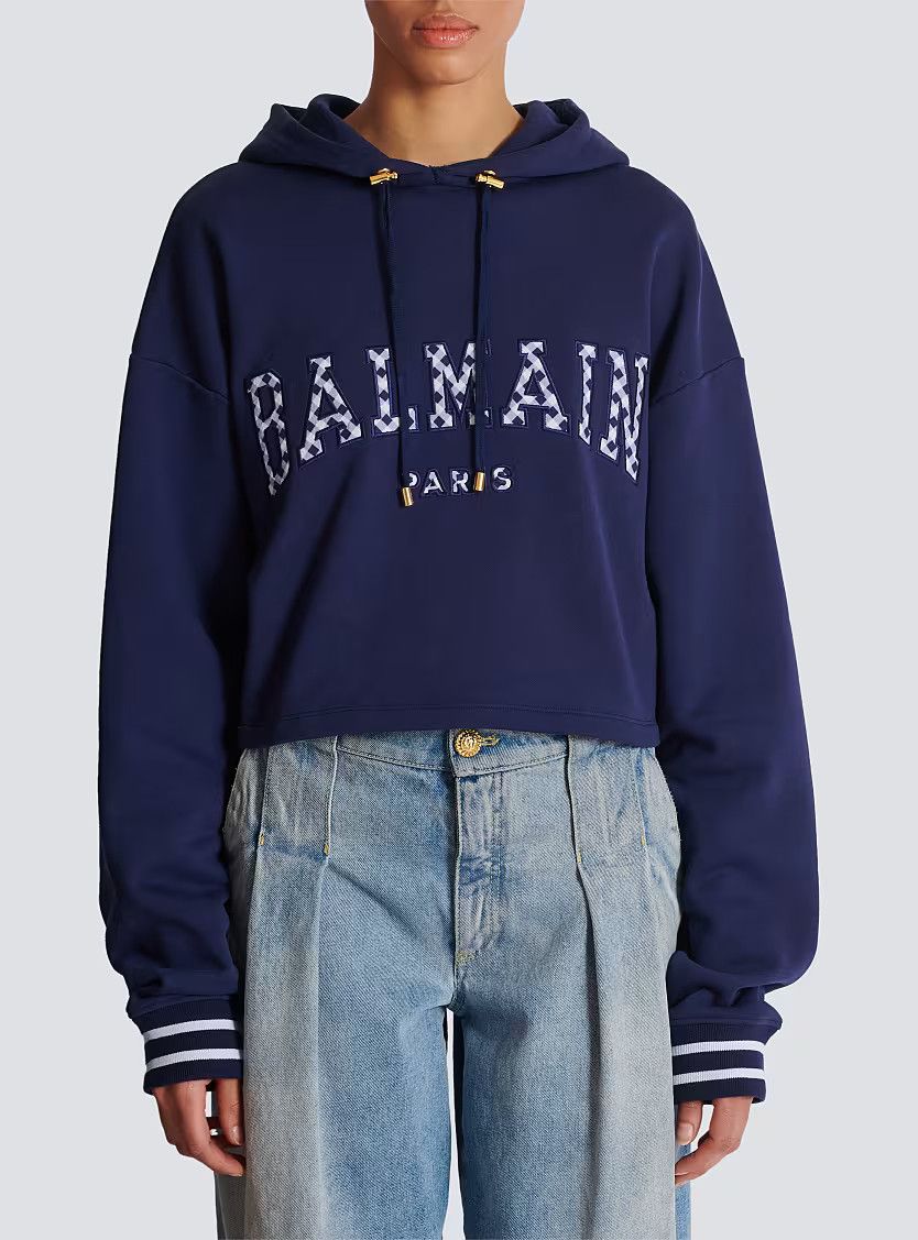 Balmain o1s1wg110825 Gingham Paris Hoodie in Navy Blue Size M / US 6-8 / IT 42-44 - 2 Thumbnail