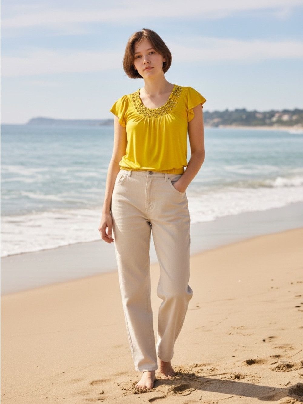 Other Layered With Love Yellow Embellished Scoop-Neck Top Size S Size S / US 4 / IT 40 - 1 Thumbnail