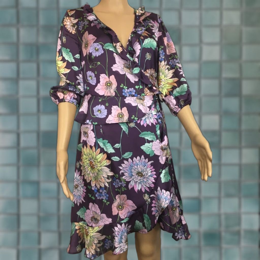 Vintage Ella Moon Womens Wrap Dress Purple Floral Ruffle Hem Knee Length V Neck S New Size S / US 4 / IT 40 - 1 Thumbnail