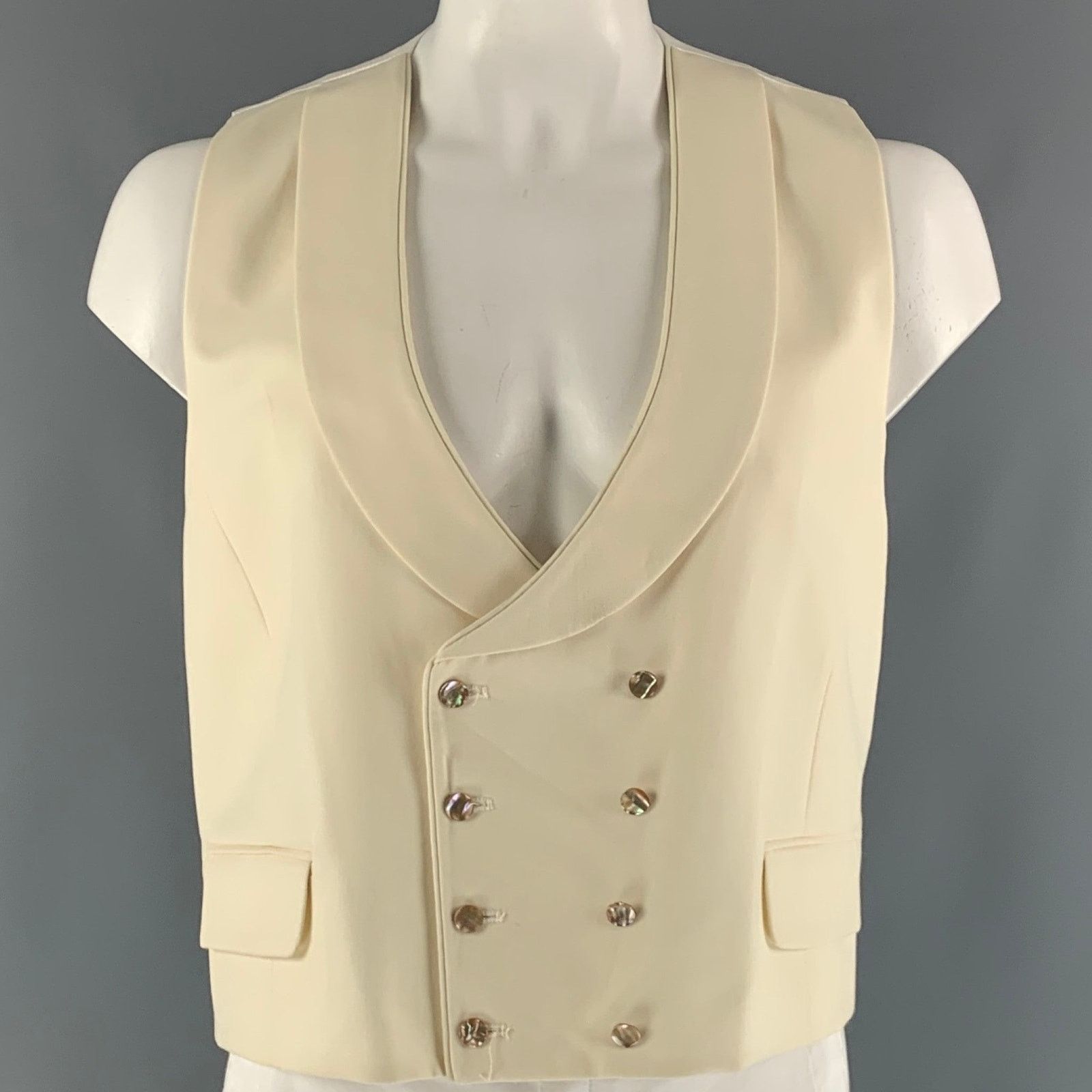 Other Size 48 Beige White Solid Wool Double Breasted Vest Size 48R - 1 Thumbnail