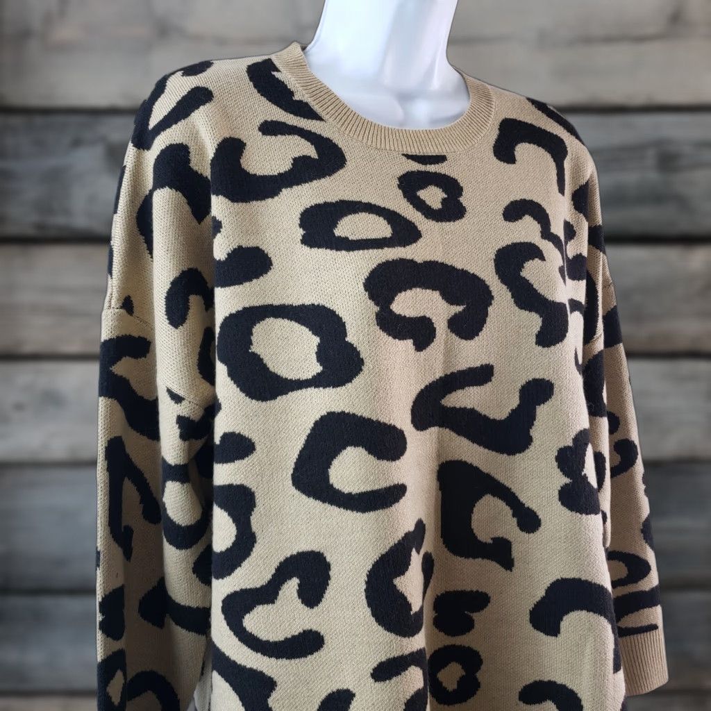 Vintage Mud Pie Womens Pullover Sweater Sz Small Tan Black Animal Print Oversized Size S / US 4 / IT 40 - 1 Thumbnail