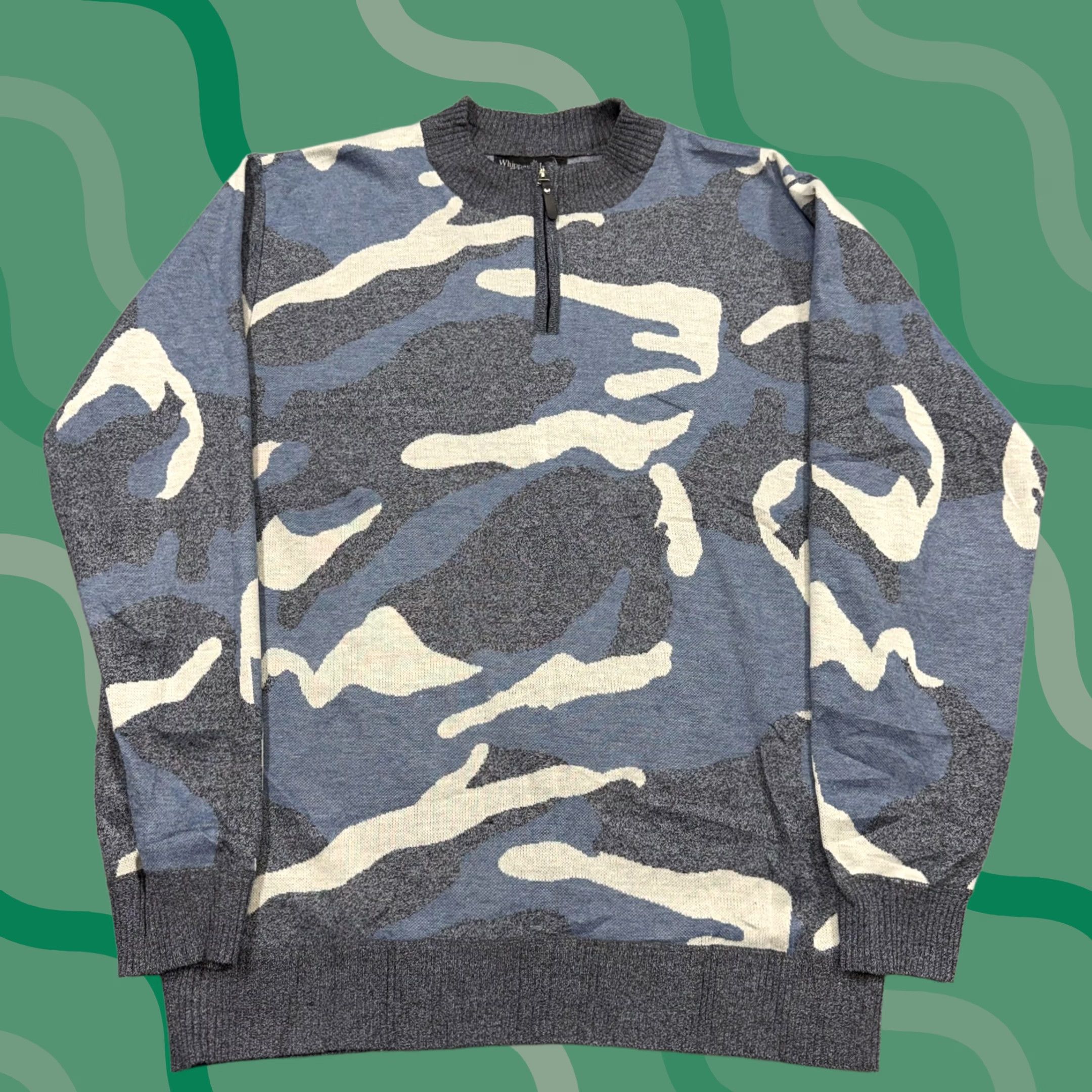 Vintage Whipper In Mens XL Blue Camo Army 1/4 Zip Mock Neck Tight Knit Pullover Sweater Size US XL / EU 56 / 4 - 1 Thumbnail
