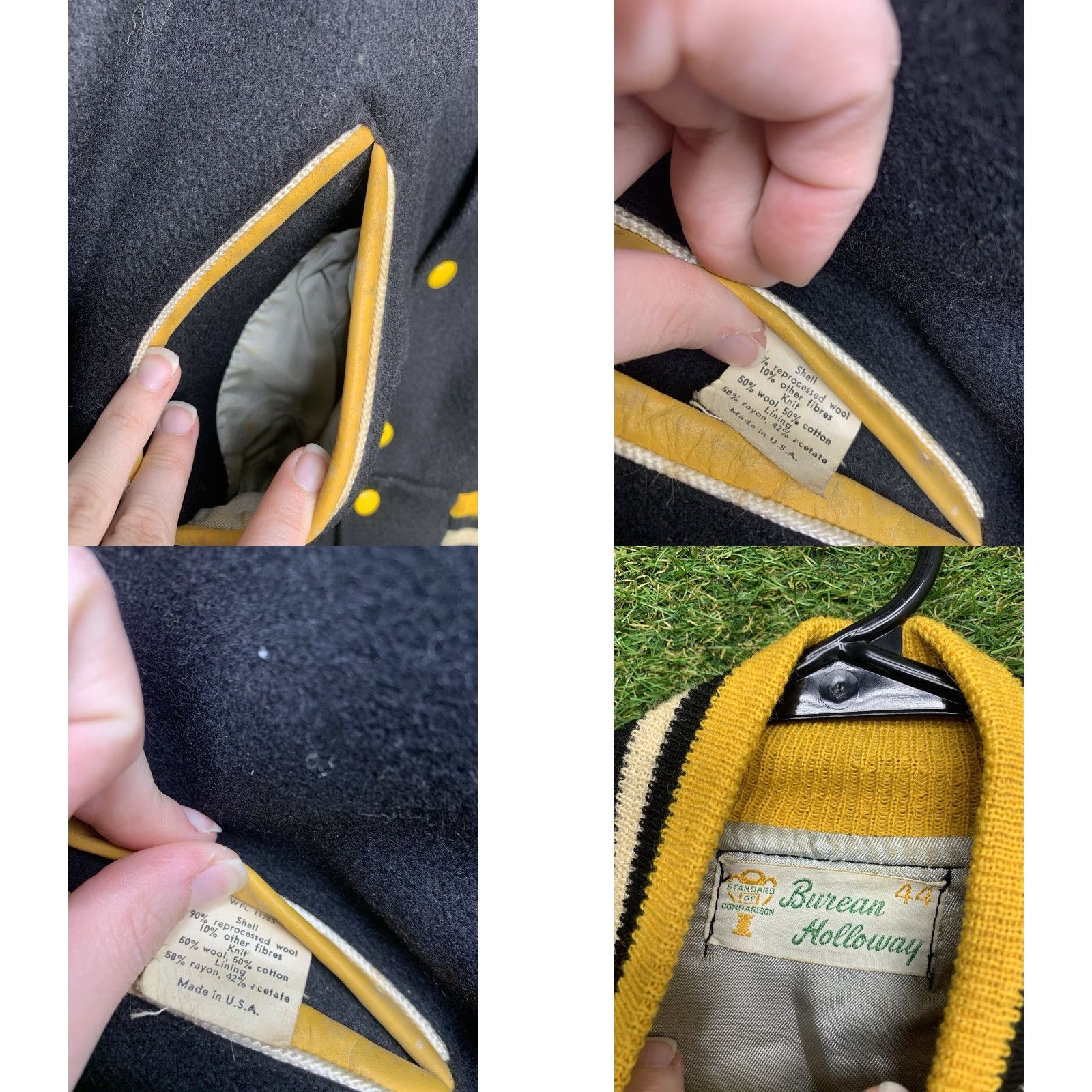 Holloway VINTAGE Holloway Letterman Jacket Unisex Adults 44 Black Yellow 80s Varsity Springfield Wool Zip Pockets Nylon Lining Size US S / EU 44-46 / 1 - 8 Thumbnail
