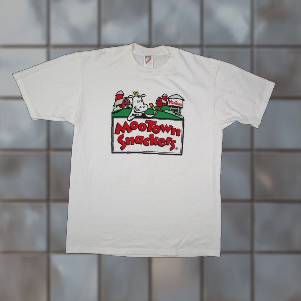 Jerzees Vintage JERZEES Shirt Mens Large White Short Sleeve Crew Neck 90s Mootown Snackers USA Tee Size US L / EU 52-54 / 3 - 1 Thumbnail