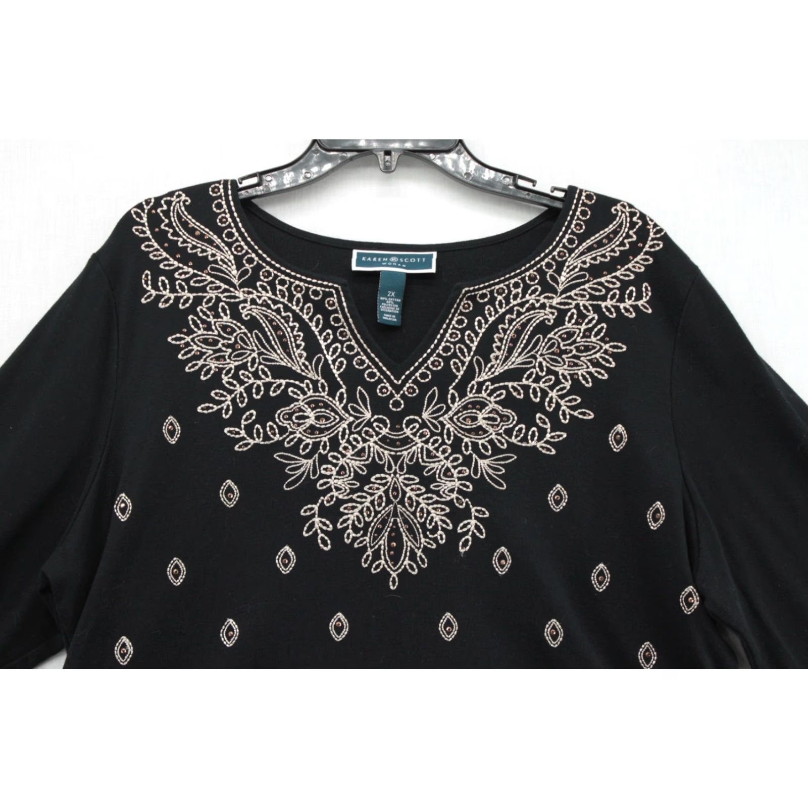 Vintage VINTAGE Karen Scott Tunic Top Women's 2X Black Holiday Long Sleeve Beaded Embroidered Size XXL / US 16-18 / IT 52-54 - 2 Thumbnail