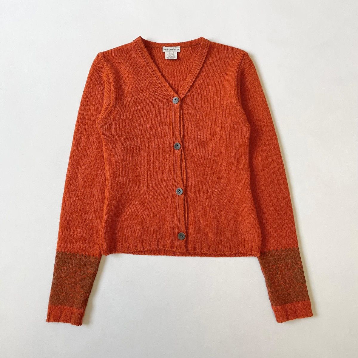 Dries Van Noten Patterned Sleeve Orange Wool Cardigan Size S / US 4 / IT 40 - 1 Thumbnail