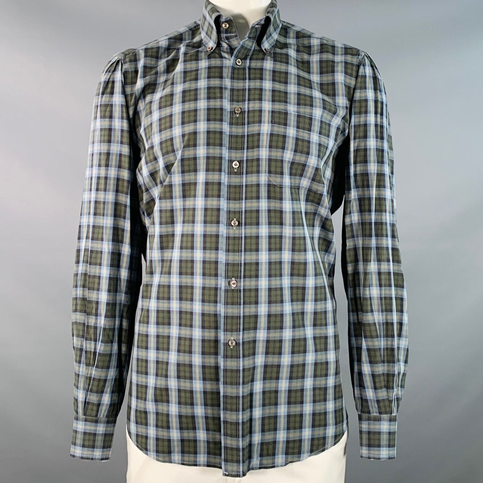 Luciano Barbera Size 44 Blue Olive Plaid Cotton One Pocket Long Sleeve Shirt Size US XL / EU 56 / 4 - 1 Thumbnail