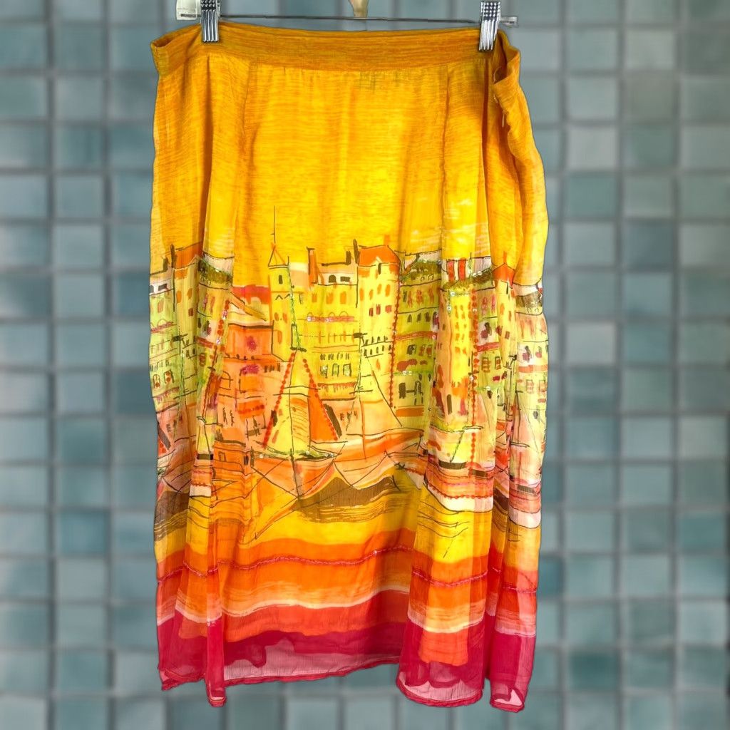 Vintage VINTAGE Half Moon Bay Skirt Women's L Yellow Long Nylon Bohemian 90s Festival Beach Flare Mid Rise Ruffle Lined Zip Closure Size 36" / US 14 / IT 50 - 1 Thumbnail