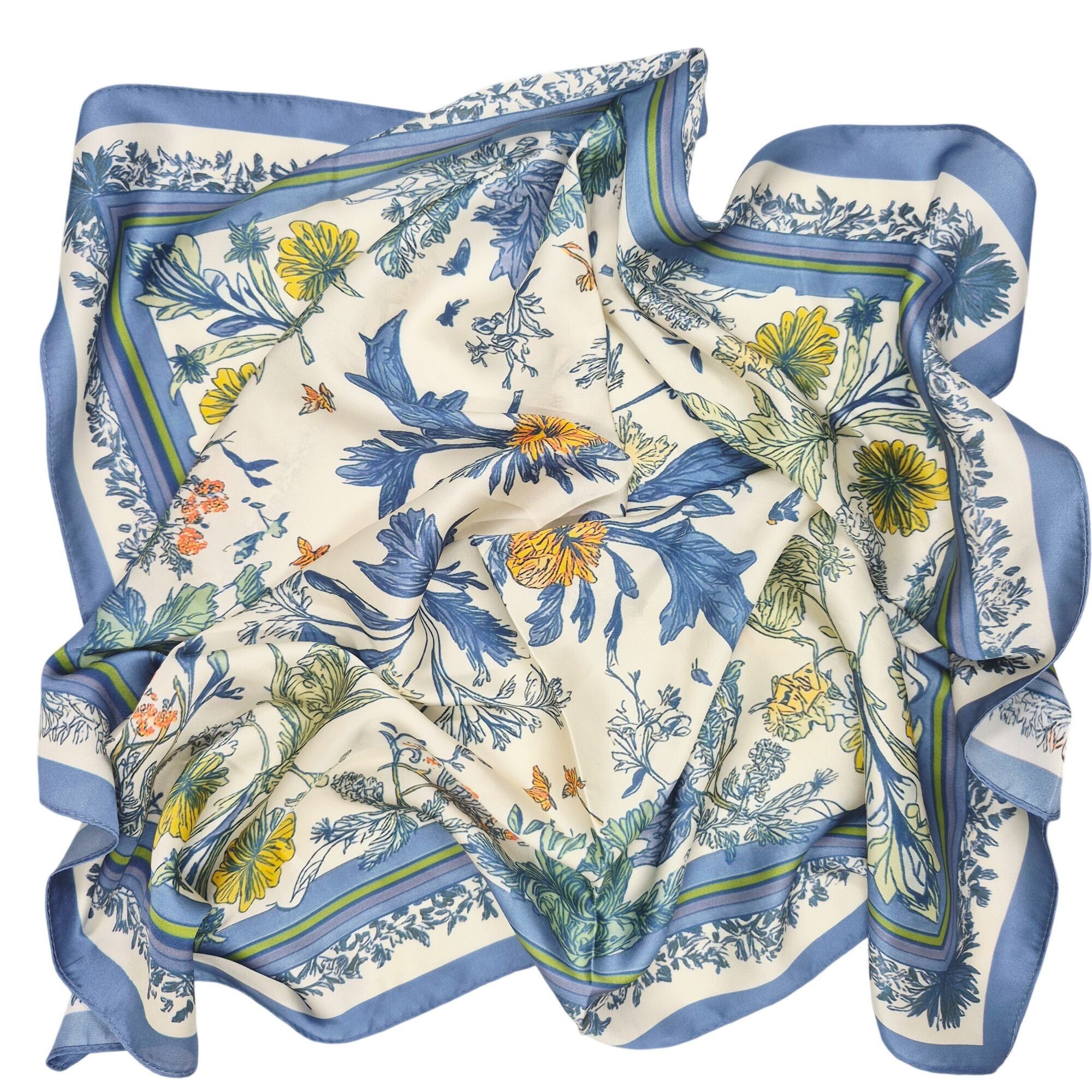 Other ✨Elegant Blue Floral Silky Square Scarf Beige Blue Luxury Ne Size ONE SIZE - 5 Thumbnail