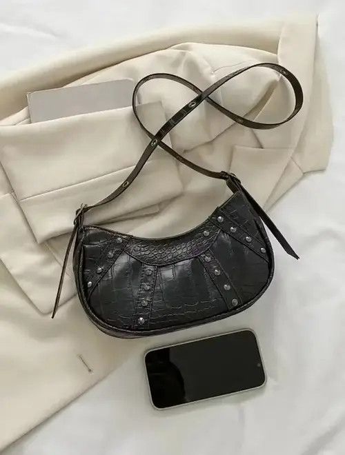 Japanese Brand Crocodile Embossed Studded Hobo Purse Size ONE SIZE - 3 Thumbnail