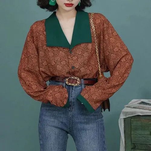 image of Vintage Floral Blouses Women Harajuku Patchwork Oversized in Brown (Size Large)
