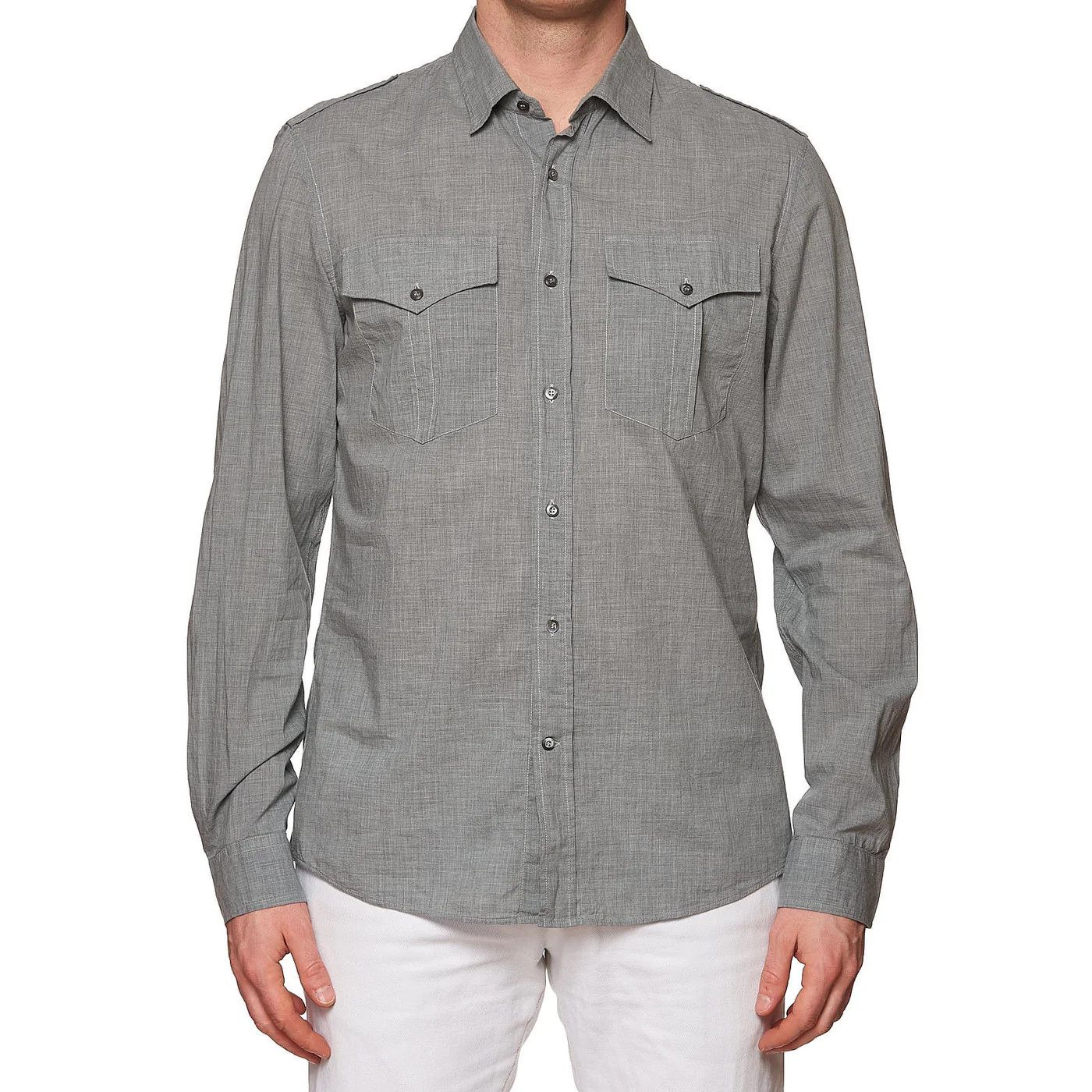 Brunello Cucinelli BRUNELLO CUCINELLI Gray Cotton Casual Military Shirt Size US XL / EU 56 / 4 - 1 Thumbnail