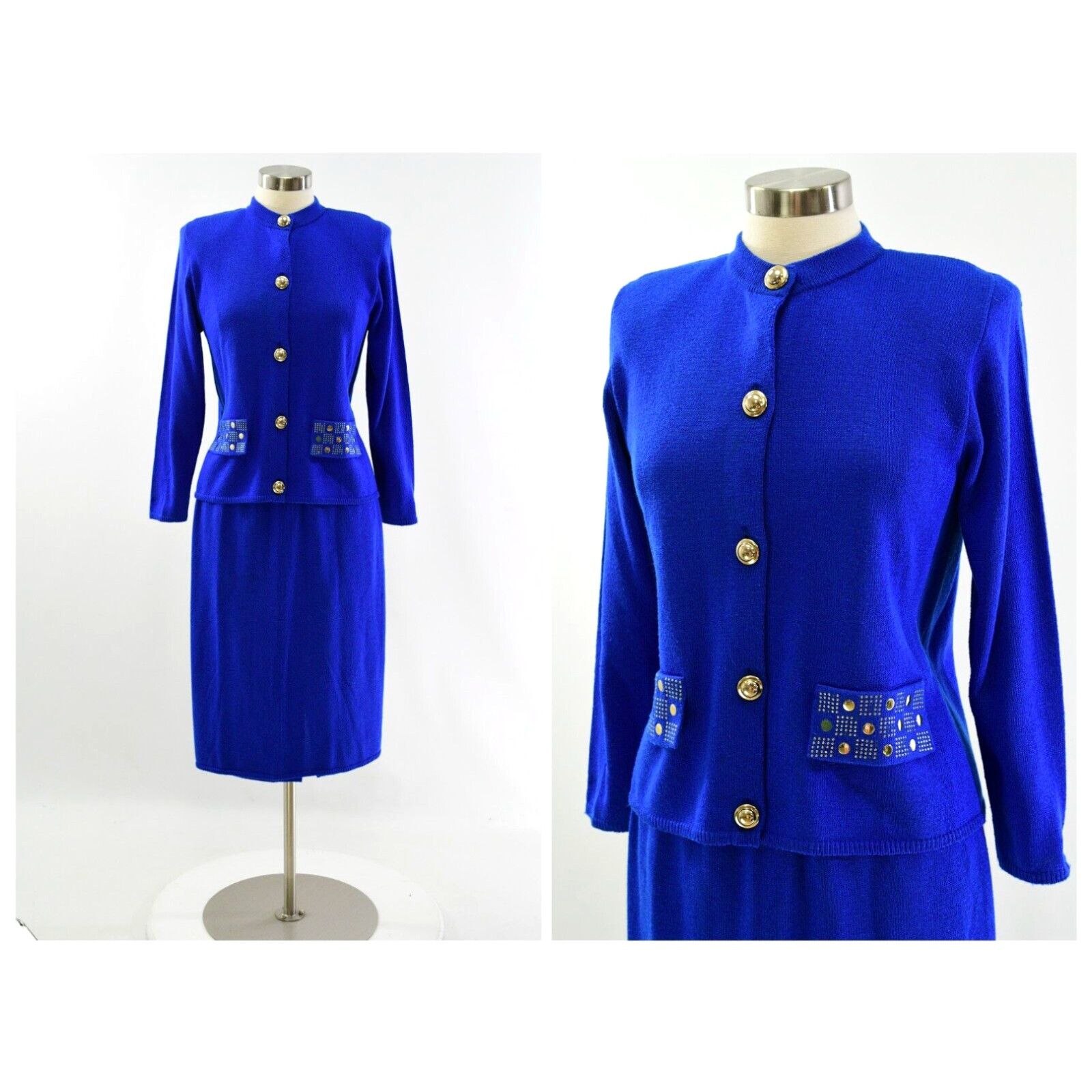 image of 90's Vintage Skirt Suit Set Womens 8 Royal Blue With Gold Tone Embellishments in White