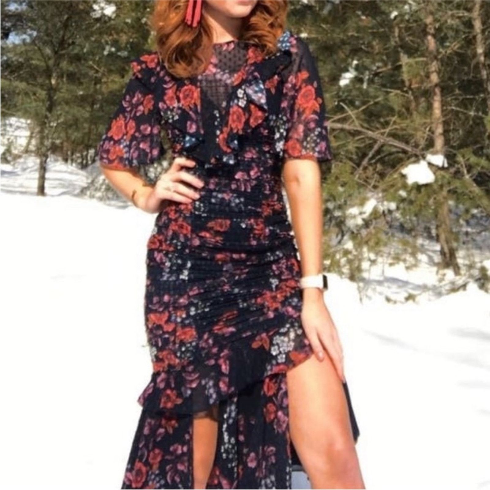 Nordstrom Keepsake Navy Blue Red White Floral Ruffle Ruche Midi Dress Size XS / US 0-2 / IT 36-38 - 7 Thumbnail