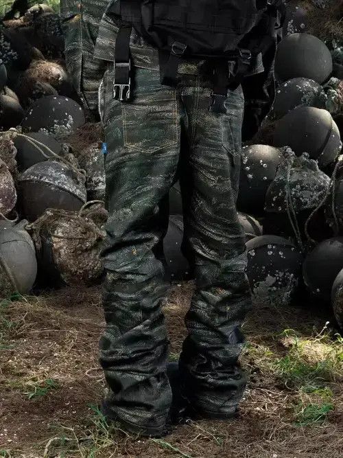Japanese Brand × Jean Army Green Special Camouflage Pleated Micro Flared Jeans Size US 32 / EU 48 - 3 Thumbnail