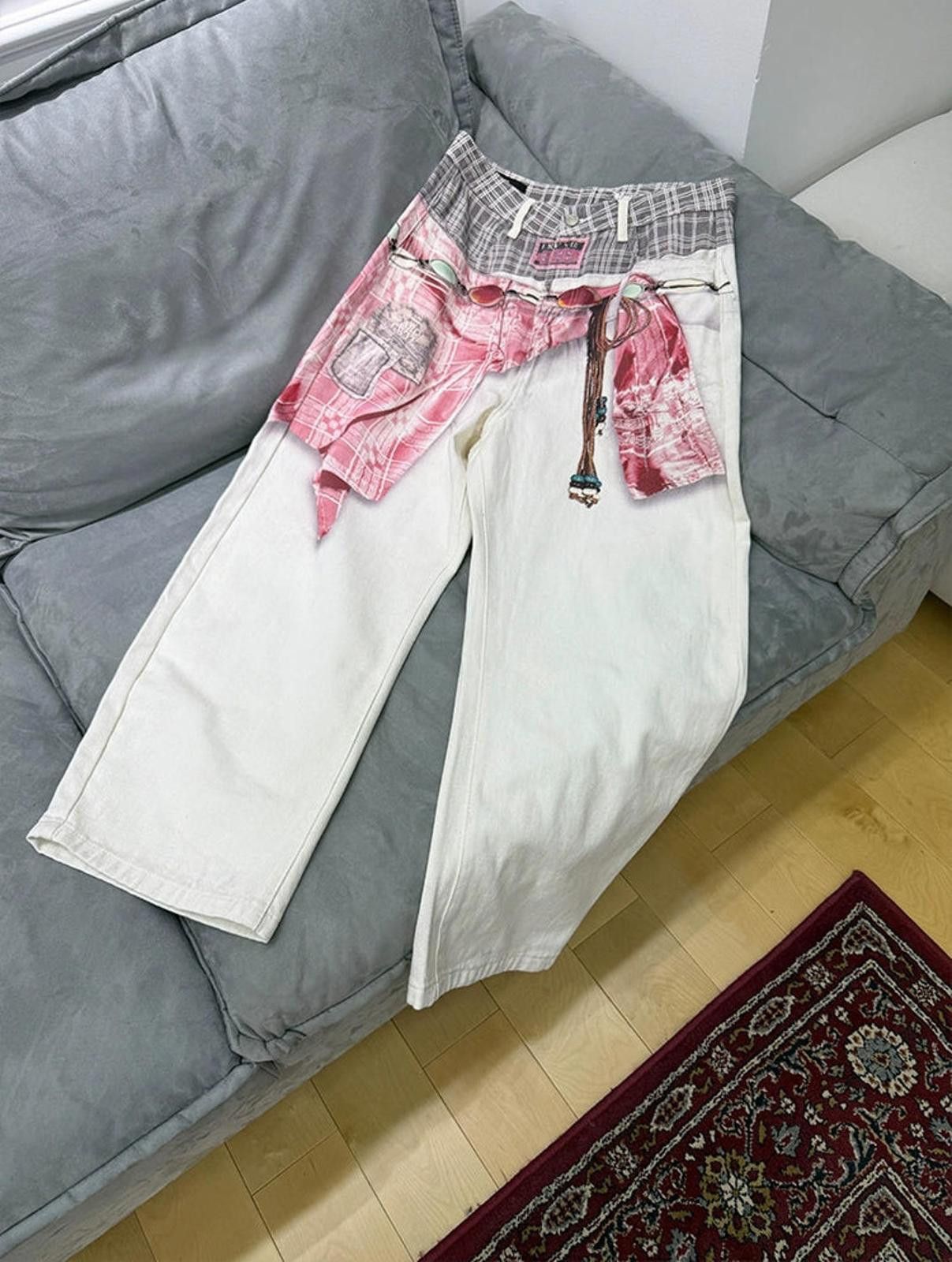 Japanese Brand White Baggy Wide Leg Pants with Pink Plaid Shirt 3D Print Size US 30 / EU 46 - 6 Thumbnail