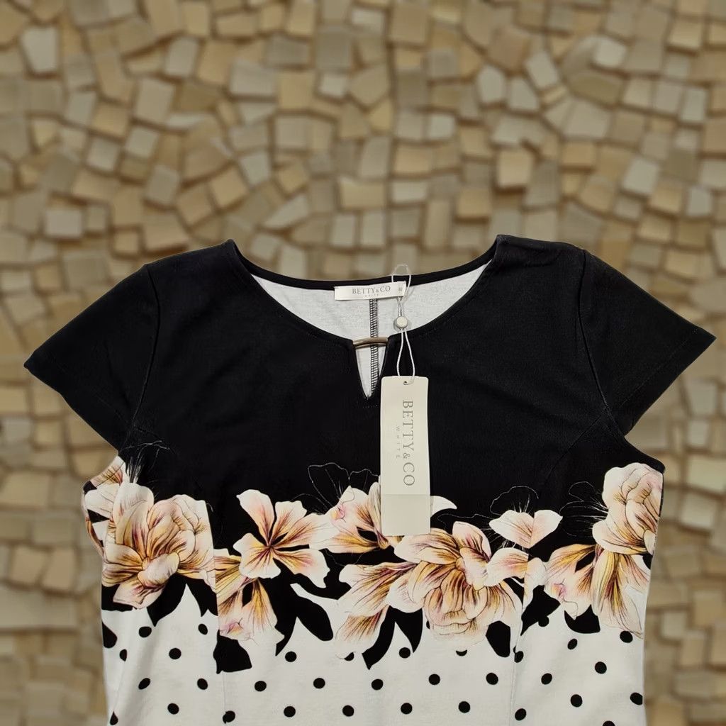 CO Betty & Co Womens Dress Black White Knee Length Floral Bodycon 14 UK Round Neck Short Sleeve Pullover Casual Womens Dress Size XL / US 12-14 / IT 48-50 - 1 Thumbnail