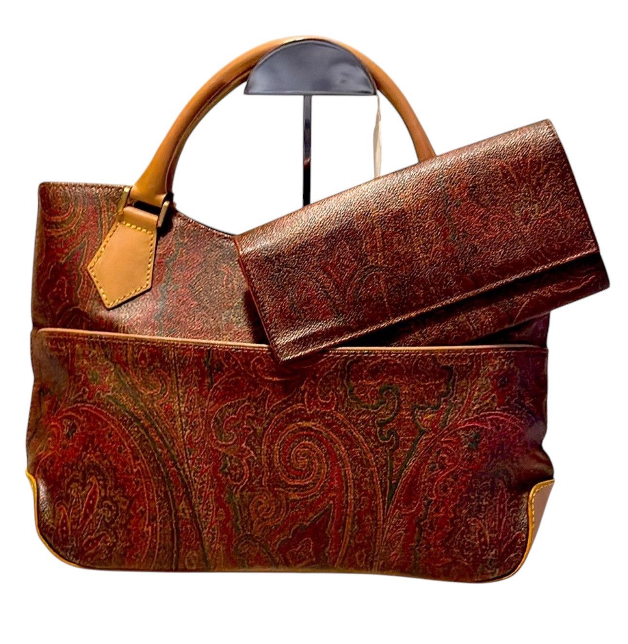 ETRO Paisley Hand Bag PVC Leather Wine Red Brown Charm