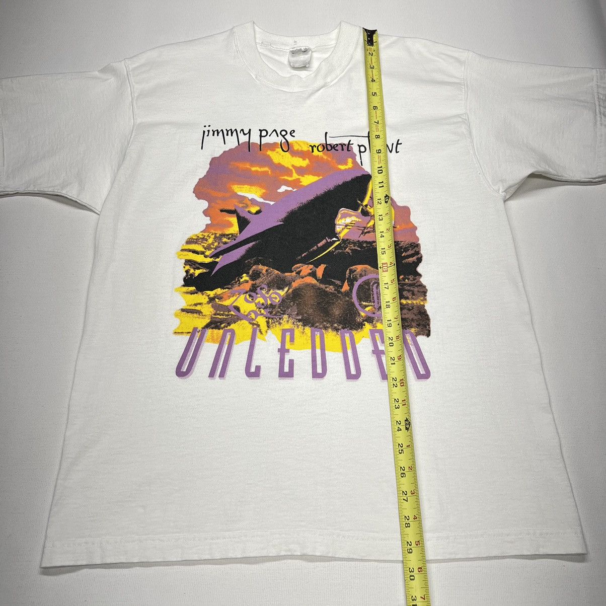 Band Tees × Vintage VTG Jimmy Page Robert Plant Tee Shirt White Tour Unledded Size US L / EU 52-54 / 3 - 20 Thumbnail