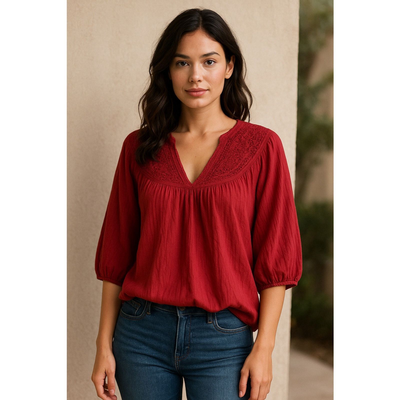 Lucky Brand Boho Embroidered Peasant Top Red 3/4 Sleeve Lucky Brand S Size S / US 4 / IT 40 - 1 Thumbnail