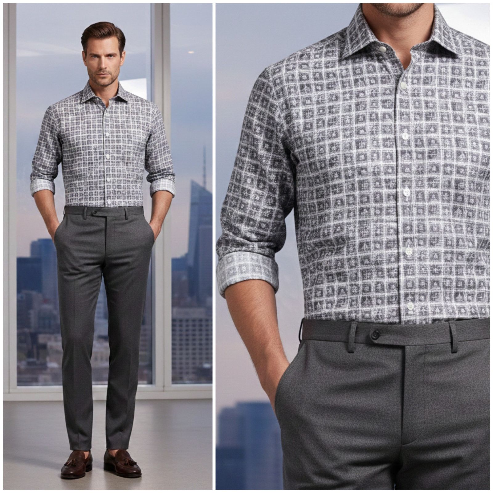 Ermenegildo Zegna Zegna Sport Men's Button up Shirt Gray check geo print Large Size US L / EU 52-54 / 3 - 1 Thumbnail