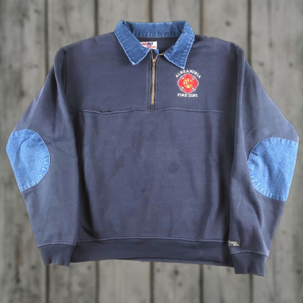Vintage VINTAGE Hero 247 Alexandria Fire Department Sweatshirt Adult XL Blue Denim Elbow Patch 1/4 Zip Fleece Cotton Blend Logo 90s Fire & Rescue Mens Size US XL / EU 56 / 4 - 1 Thumbnail