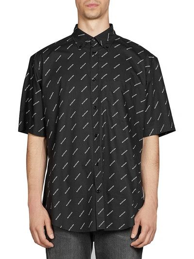 image of Balenciaga O1Mt1Gz0524 Allover Logo Short Sleeve Shirt In Black/white, Men's (Size Small)