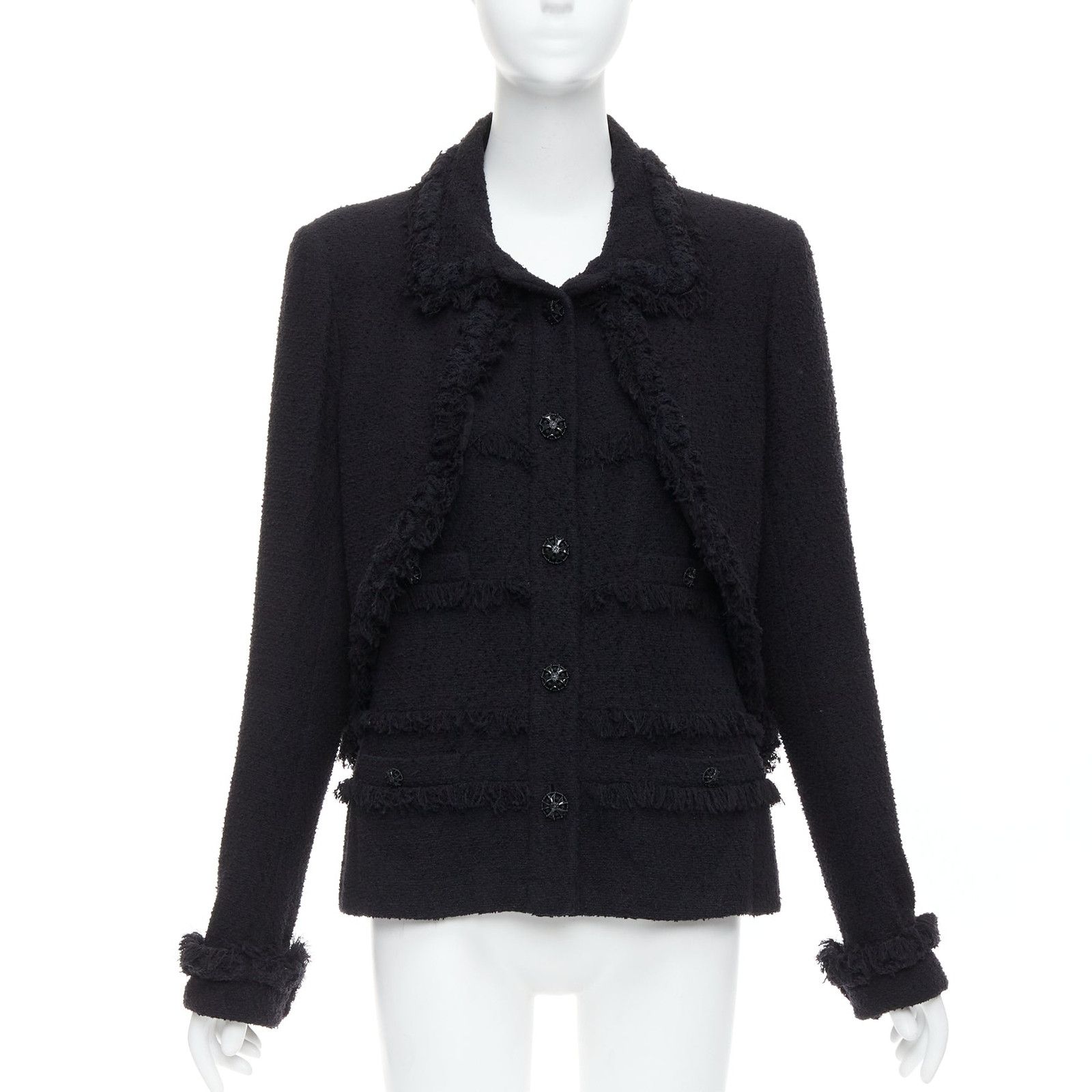 Chanel CHANEL 08A Runway black tweed braided fringe trim tromp loeil layered 4 pocket jacket FR46 Size XL / US 12-14 / IT 48-50 - 1 Thumbnail