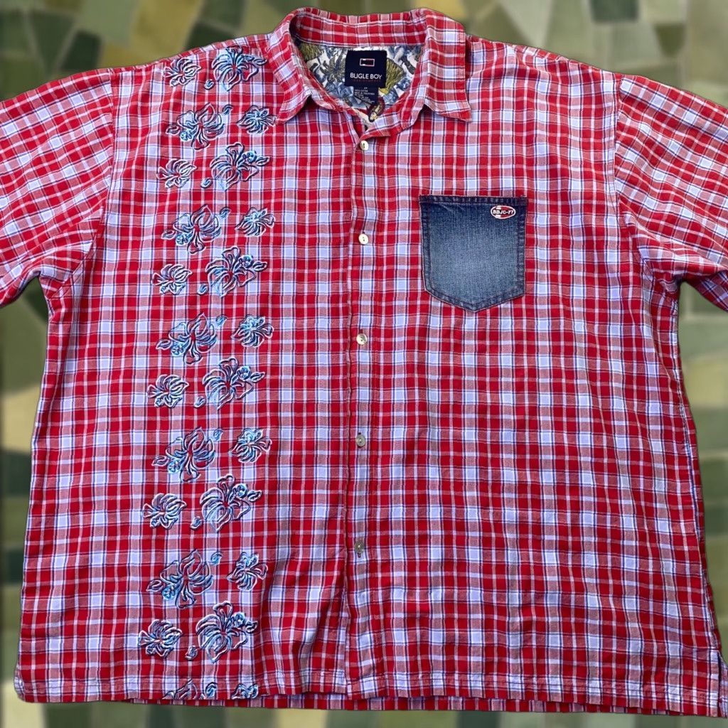 Bugle Boy VTG Bugle Boy Mens Shirt Plaid Button-Up Short Sleeve Red 2X Big & Tall Cotton Casual Beach Hawaiian 90s Mens Size US XXL / EU 58 / 5 - 1 Thumbnail