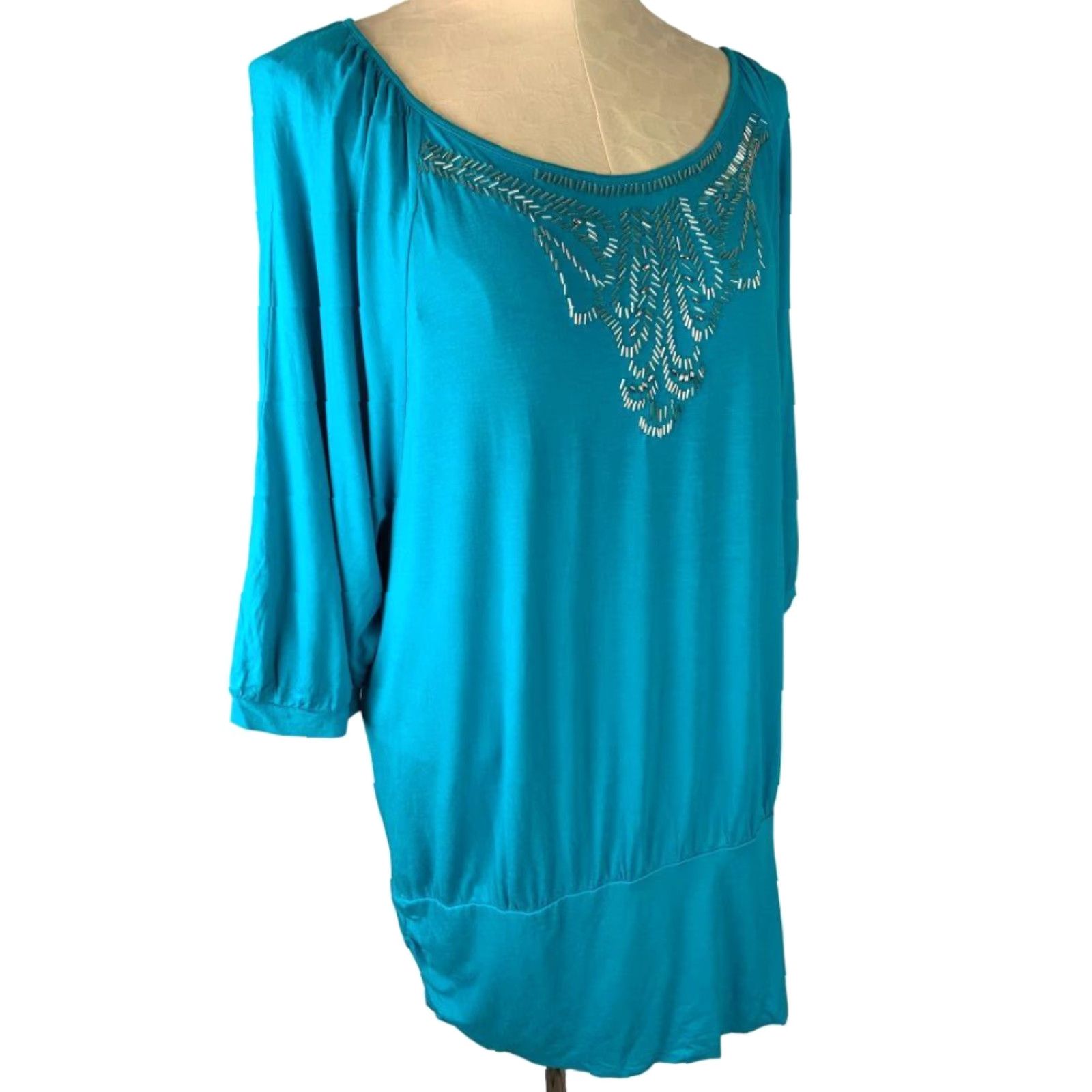 Vintage Lane Bryant Blouson Jersey Knit Top 18/20 3/4 Sleeve Beaded Neckline Teal Blue Women PLUS Womens Size XXL / US 16-18 / IT 52-54 - 5 Thumbnail