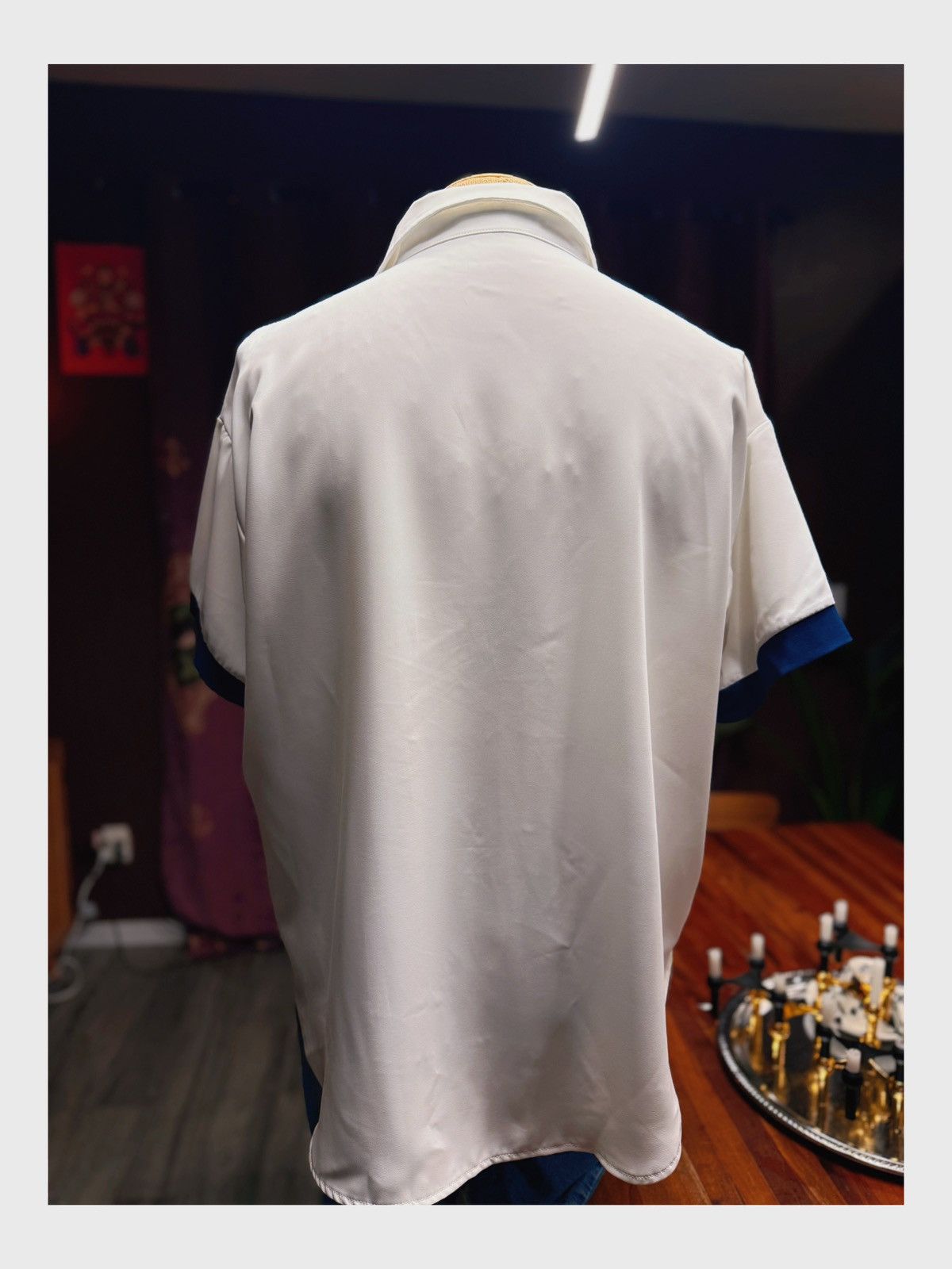Other Unisex Silky Short Sleeve Button-Up Shirt – White with Navy Size M / US 6-8 / IT 42-44 - 6 Thumbnail