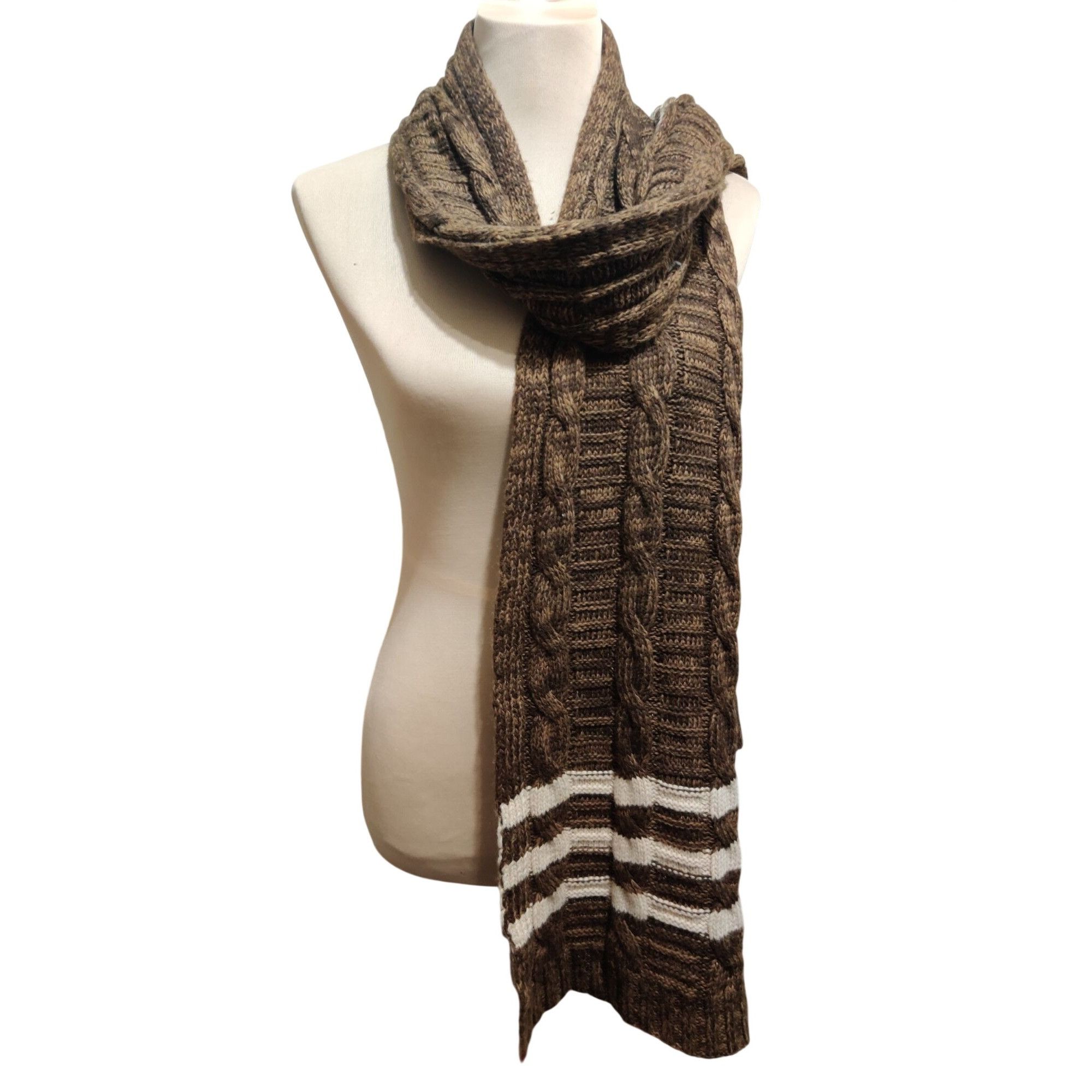 Other Brown Cable Knit Wool Cashmere Blend Scarf Cream Stripe New Size ONE SIZE - 2 Thumbnail