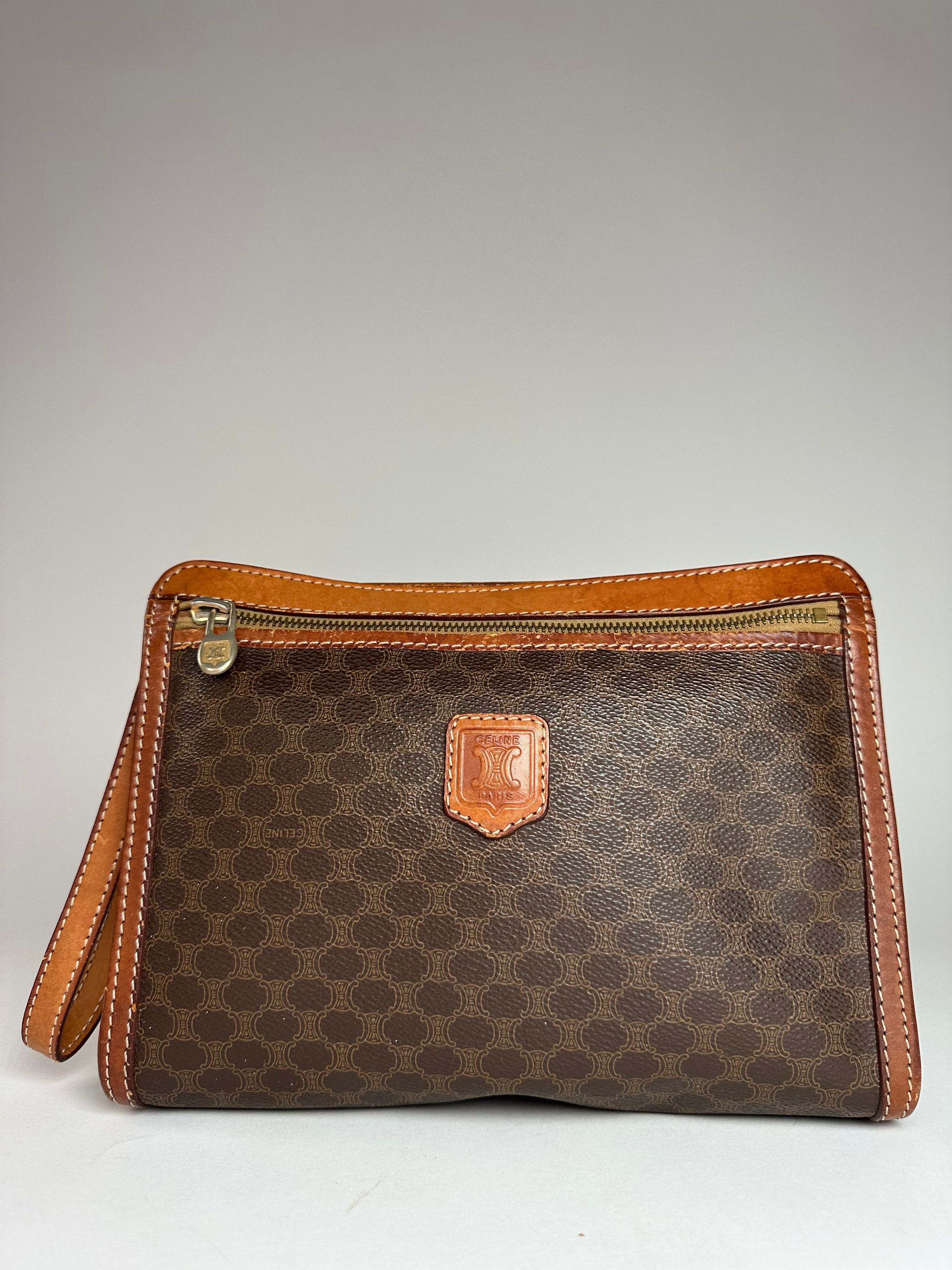 Celine Vintage Paris Triomphe Monogram Leather Clutch Brown Size ONE SIZE - 1 Thumbnail