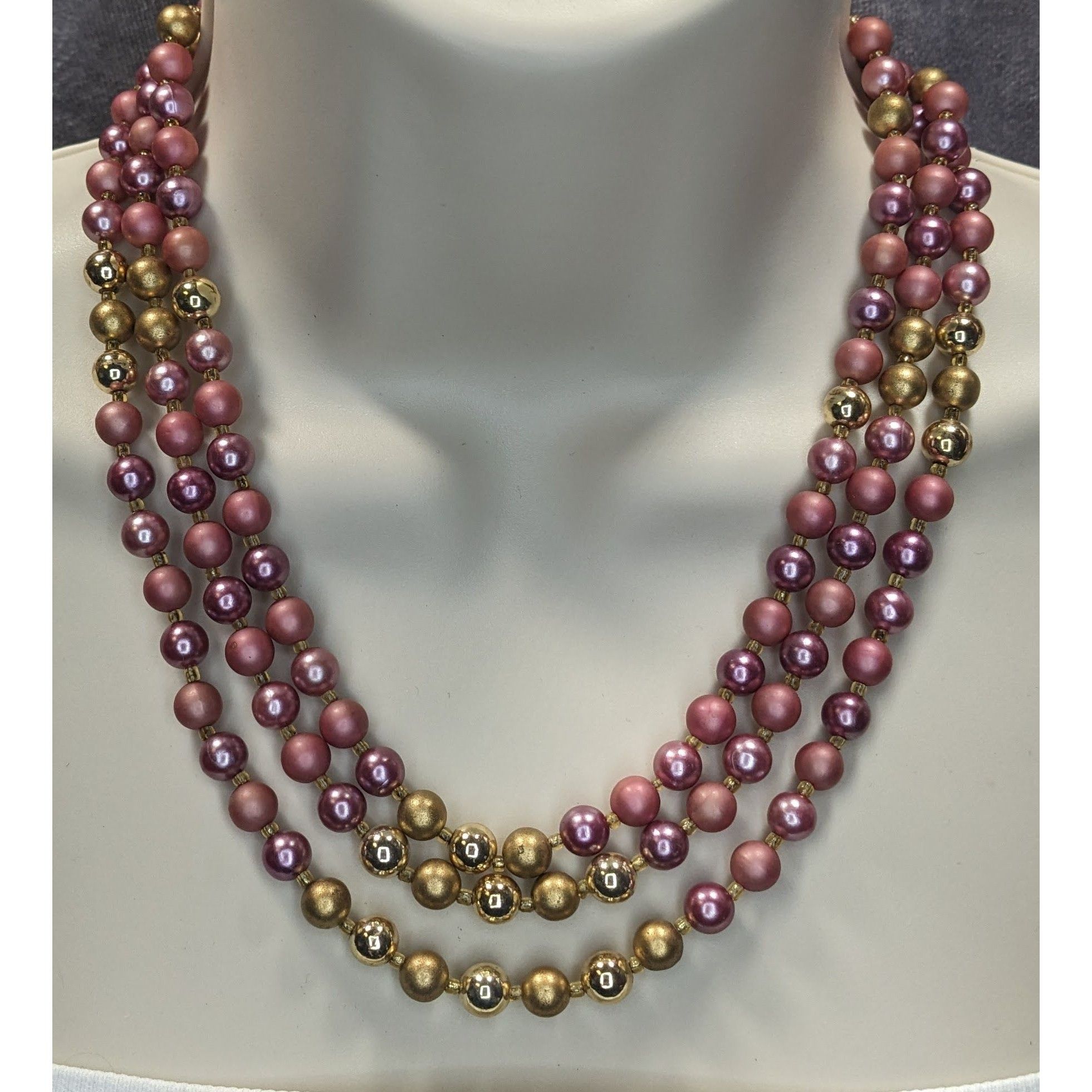 Other Vintage 3-Strand Rose & Gold Beaded Necklace Japan Size ONE SIZE - 4 Thumbnail