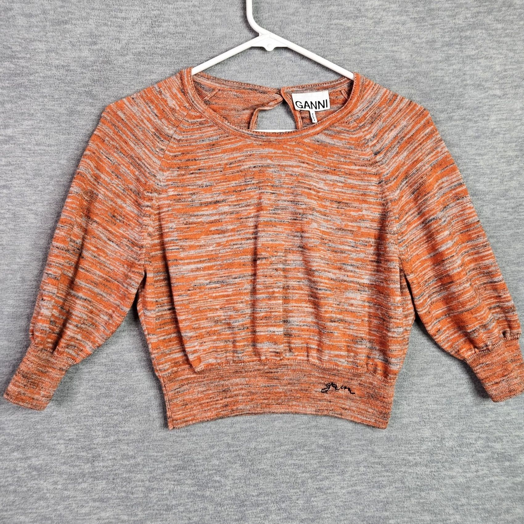 Ganni Ganni Merino Mouline Top Women’s Cropped 100% Wool Knit Elbow Sleeve Size L Orange Short Sleeve Regular Fit Crew Neck Shirt Size L / US 10 / IT 46 - 2 Thumbnail