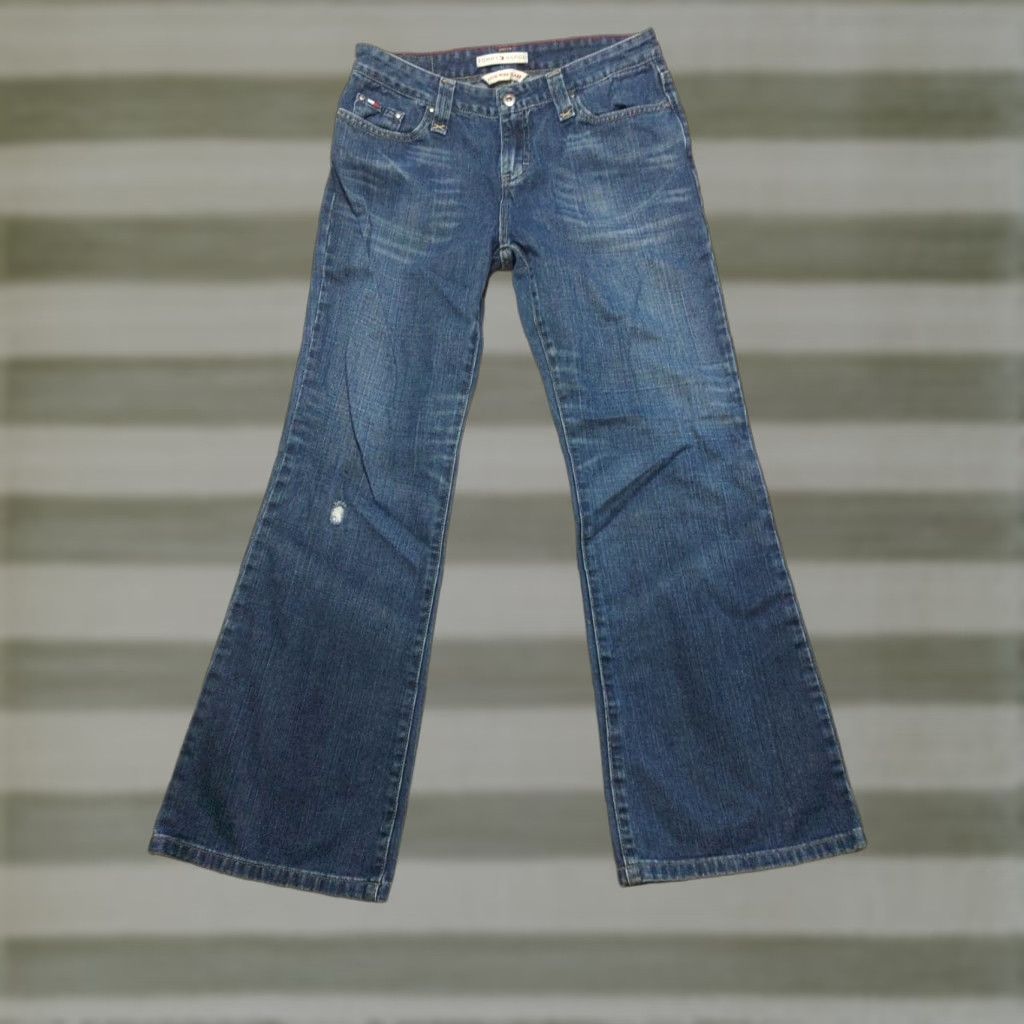 Tommy Hilfiger Y2K Low Rise Flare Leg Jeans Women's 10 Long Tommy Hilfiger Vintage Denim 32x31 Blue USA 90s Festival Grunge Logo Retro Mens Womens Girls Boys Size 32" / US 10 / IT 46 - 1 Thumbnail
