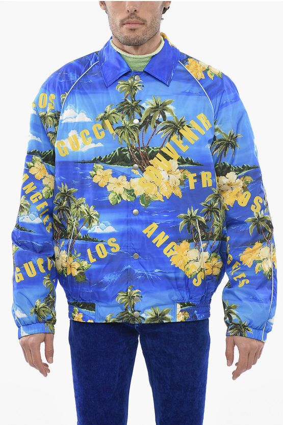image of Gucci Quilted Souvenir Bomber Jacket With Snap Buttons in Blue, Men's (Size Medium)
