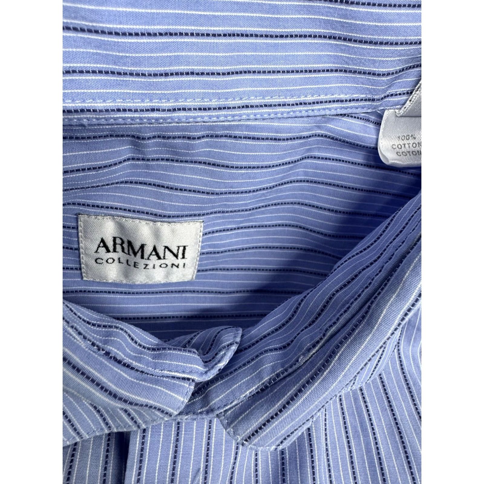 Armani VINTAGE Armani Collezioni Italy Mens Dress Shirt Blue Stripe 15.5/39 French Cuff Regular Fit 100% Cotton EUC Mens Size 42R - 2 Thumbnail