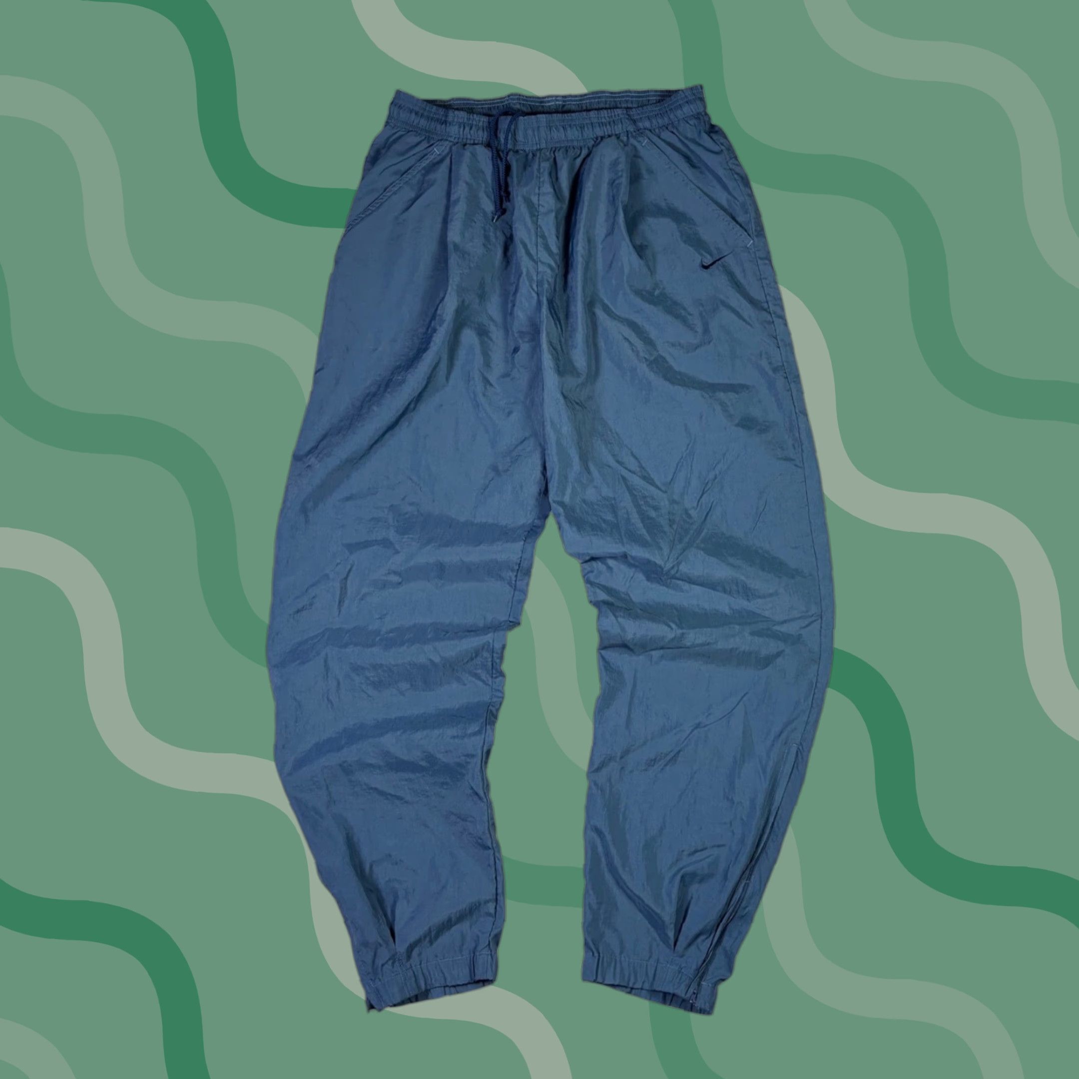 Nike VINTAGE Nike Windbreaker Track Pants Navy Blue L Unisex Adults Nike Swingman Taffeta Water Resistant Windproof Elastic Drawstring Inseam 29 in stb Size US 33 - 1 Thumbnail