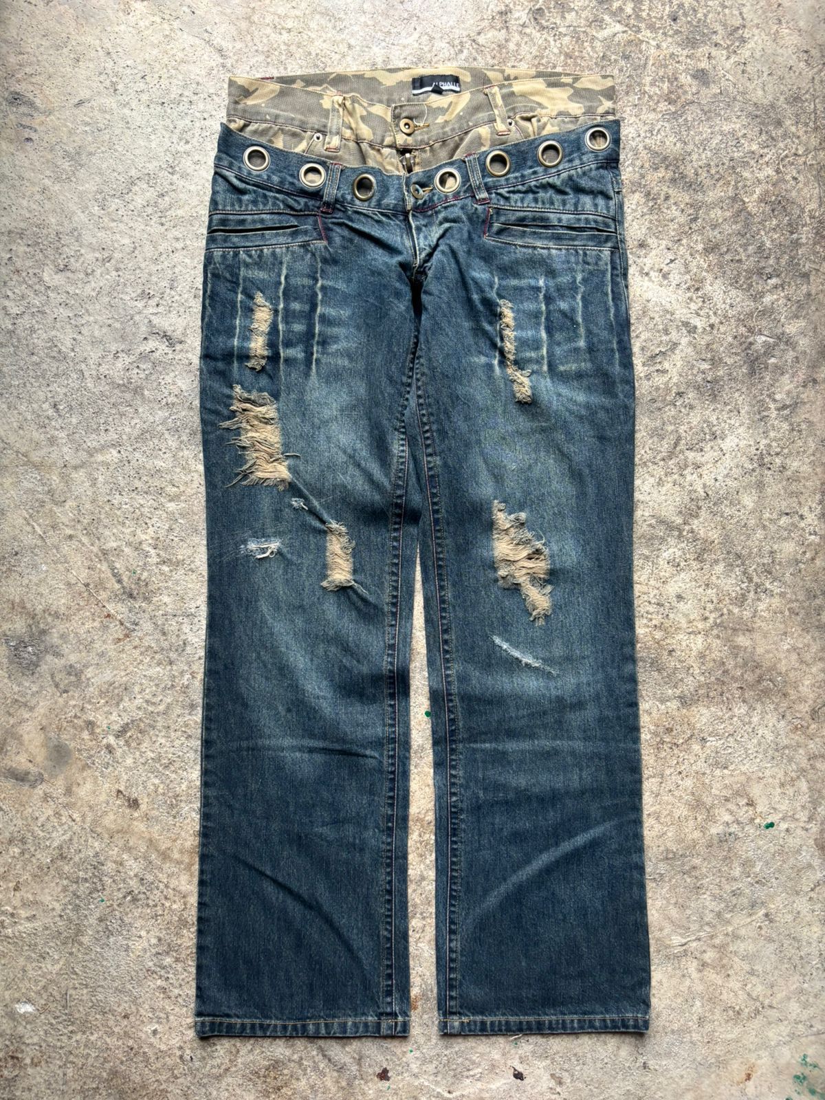 Japanese Brand 2000s Alphalee Japan Hybrid Distressed Double Waist Jeans Size US 31 - 1 Thumbnail