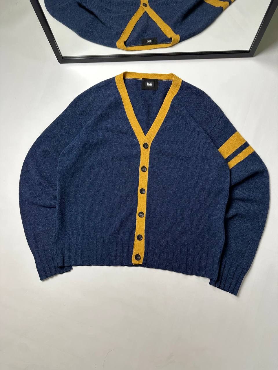 Dolce & Gabbana Dolce Gabbana Blue Wool V-Neck Stripe Detail Cardigan Size US L / EU 52-54 / 3 - 1 Thumbnail