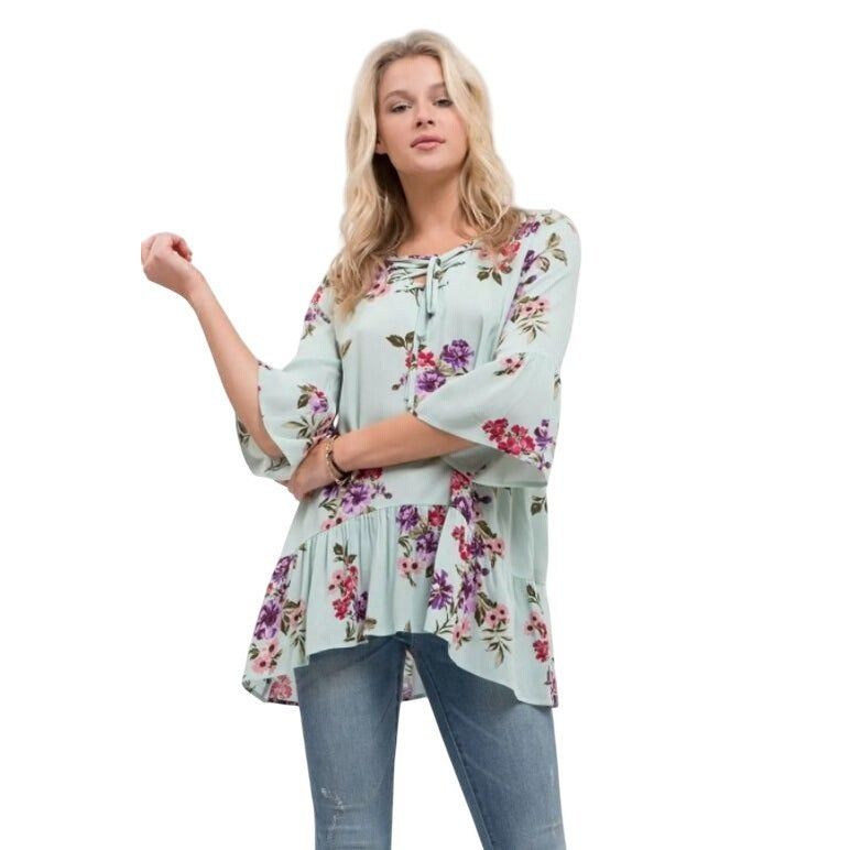 Other Blu Pepper Floral Tunic Top W/ Lace-Up Neckline & Ruffle Hem Size L / US 10 / IT 46 - 2 Thumbnail