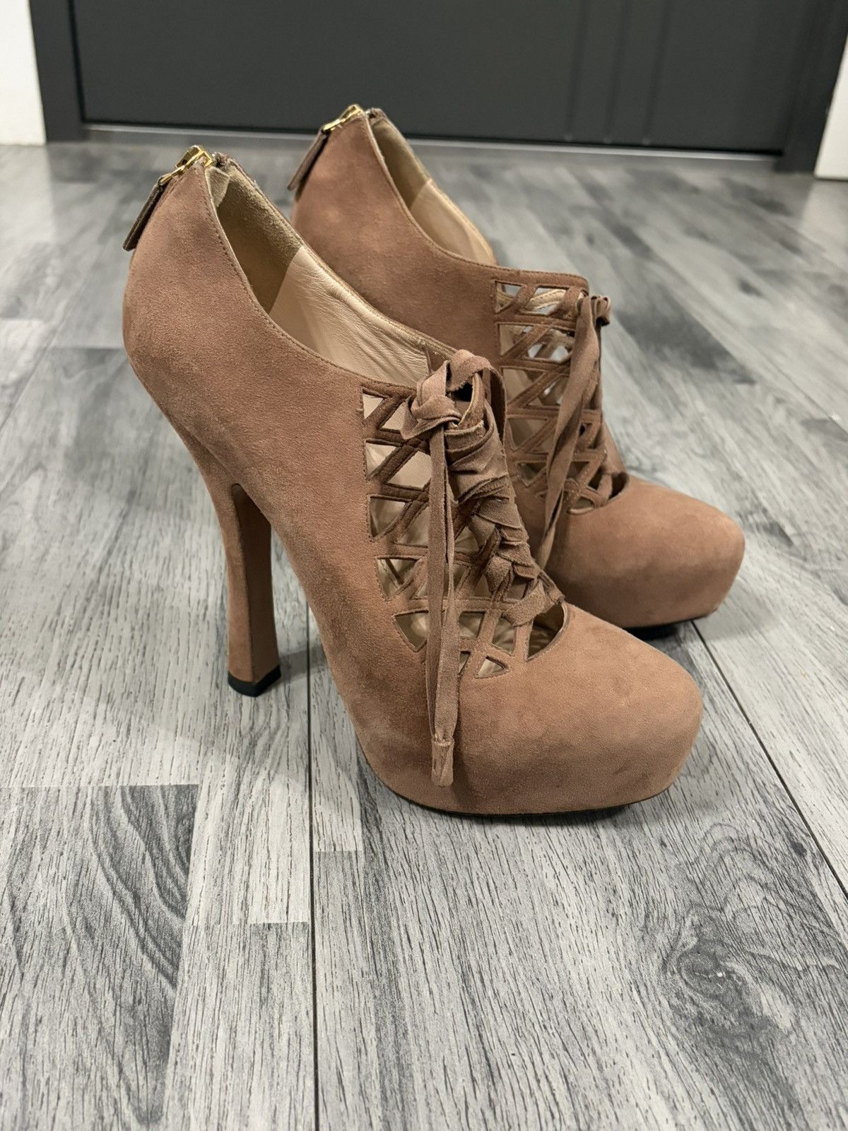 Prada Prada Tan Suede Lace-Up High Heel Booties Size US 7 / IT 37 - 1 Thumbnail