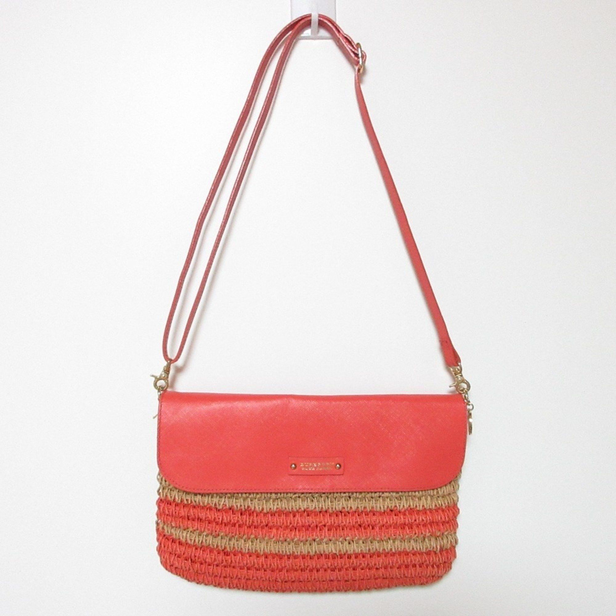 Burberry Blue Label Straw Leather Combination Shoulder Bag Salmon Pink Women's