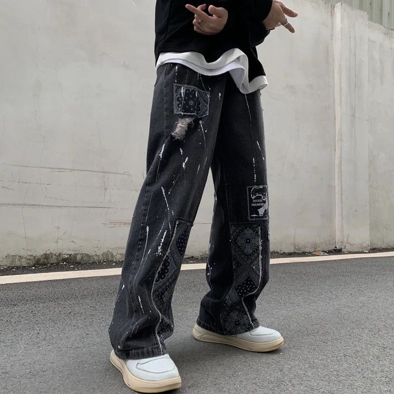 Jean Bandana Patchwork Straight Leg Baggy Jeans Size US 30 / EU 46 - 5 Thumbnail