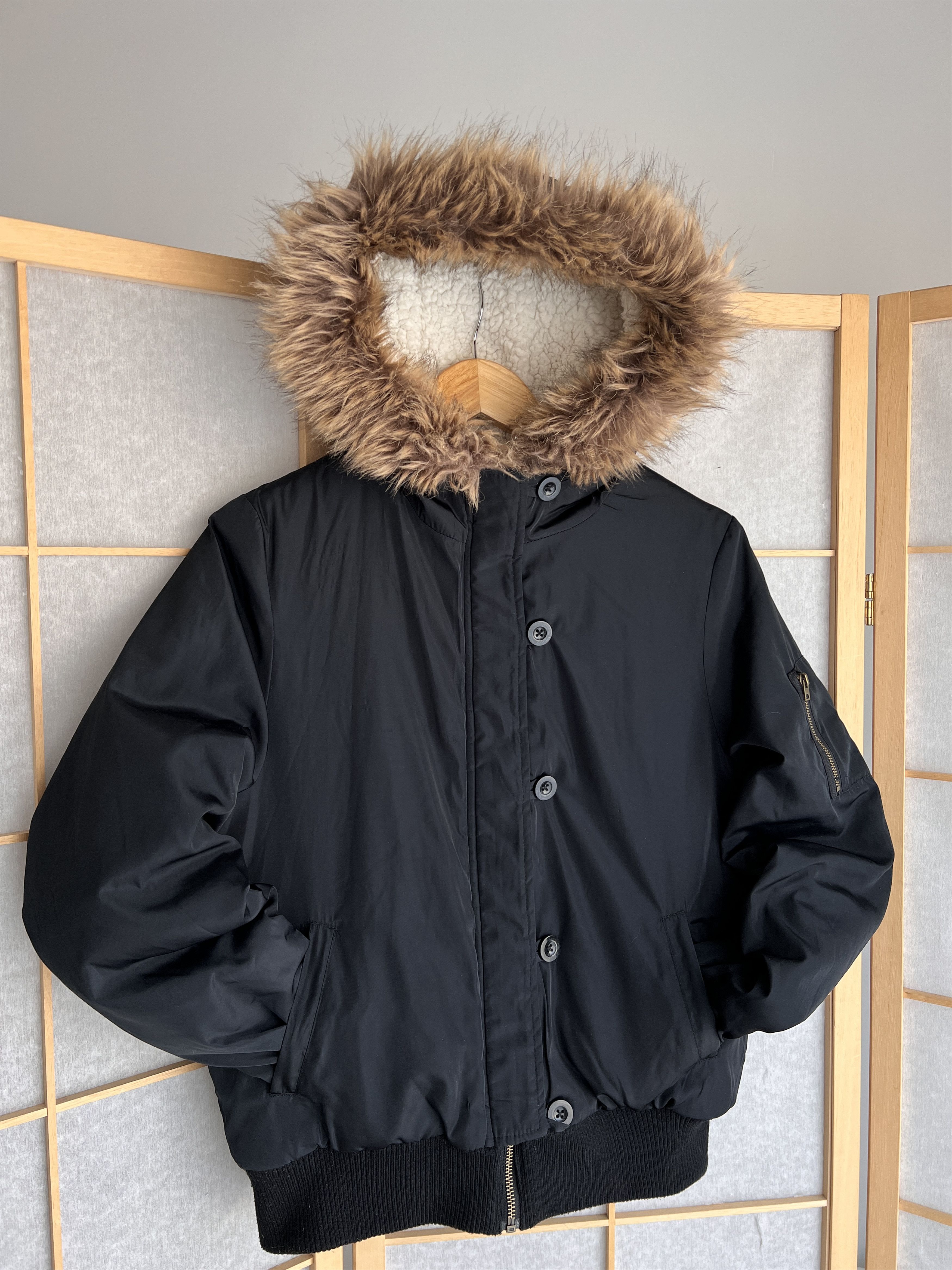 Avant garde vintage faux fur hood bomber jacket cropped punk