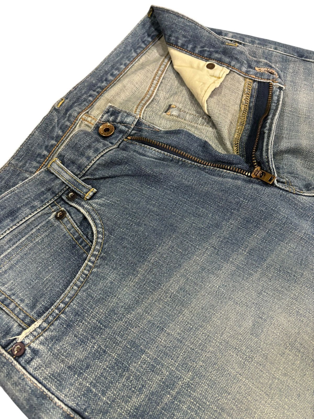 Edwin × Self Edge 90s Vtg Edwin 505 Selvedge Orange Tag Distressed Faded Jeans Size US 33 - 4 Thumbnail